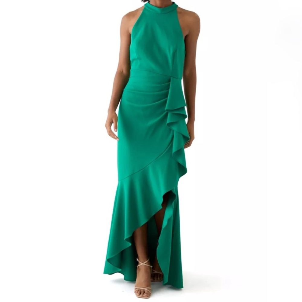 Betsy & Adam Emerald Green Asymmetrical Ruffle Halter Gown
